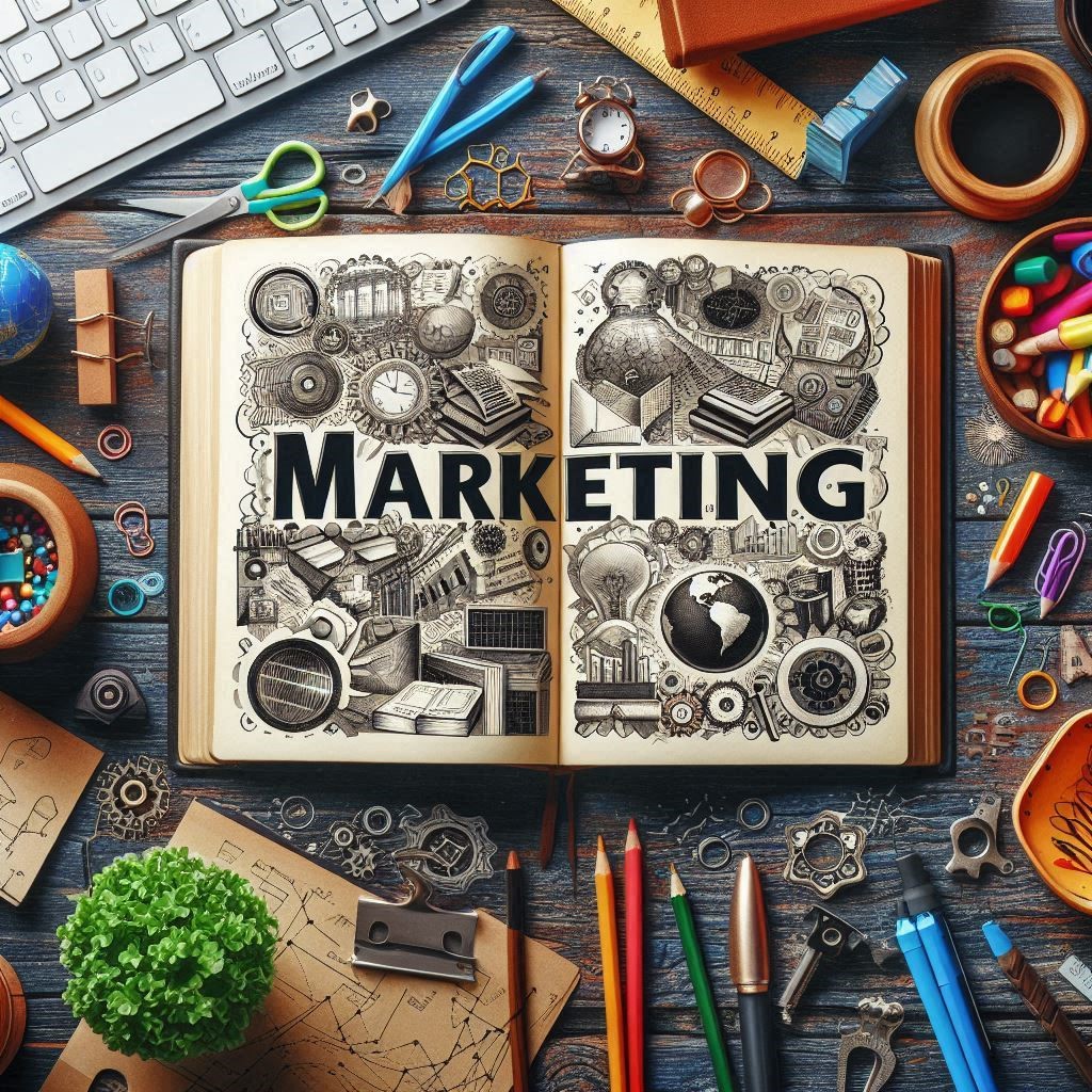 Marketing Book Open book on table with the text MARKETING in big letters.