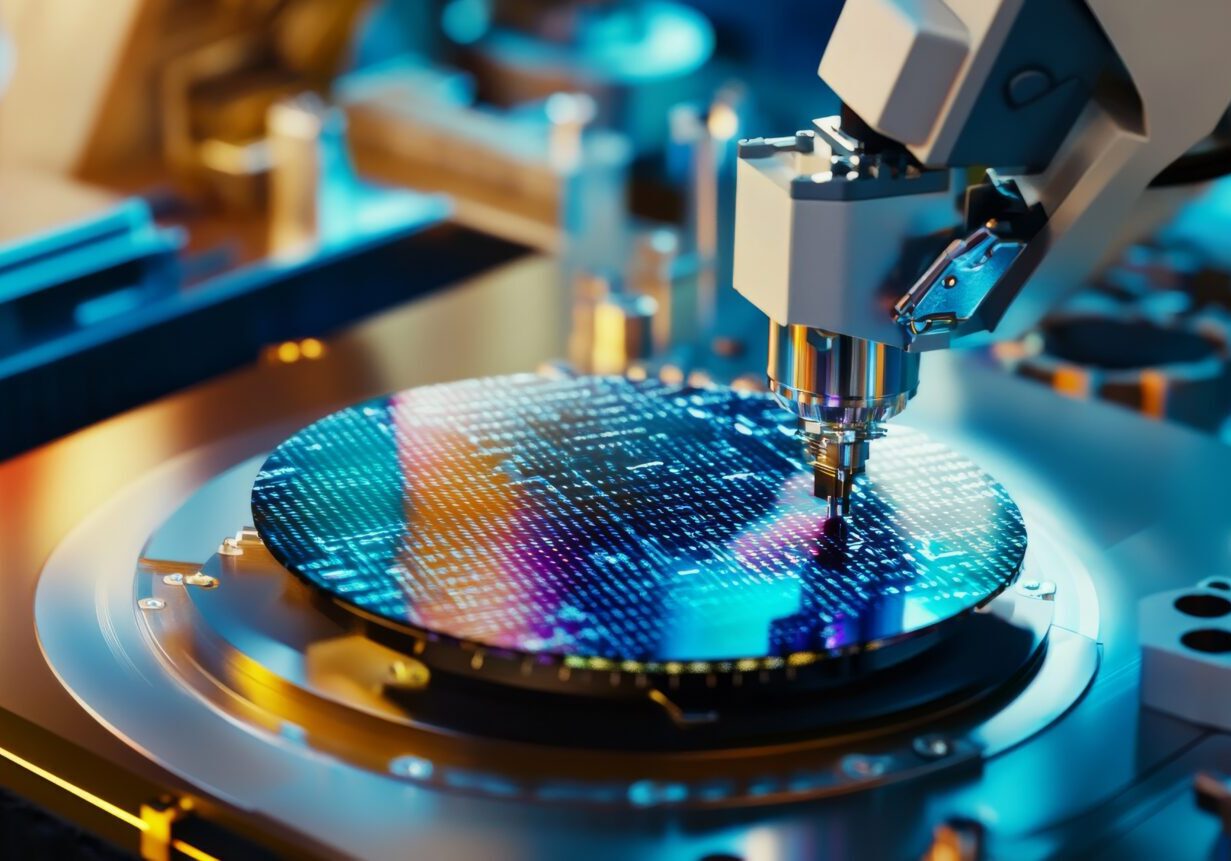 A robotic arm in a semiconductor factory, assembling wafer testing equipment with AI precision for high-performance chip manufacturing, Semiconductor-tech style